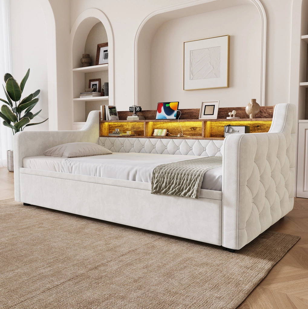 Divano letto estraibile 90x190 cm con LED, USB e USB-C in velluto beige