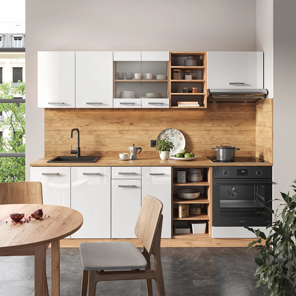 Vicco Cucina componibile Bianco lucido/oro power oak 240 cm , PL Marmo