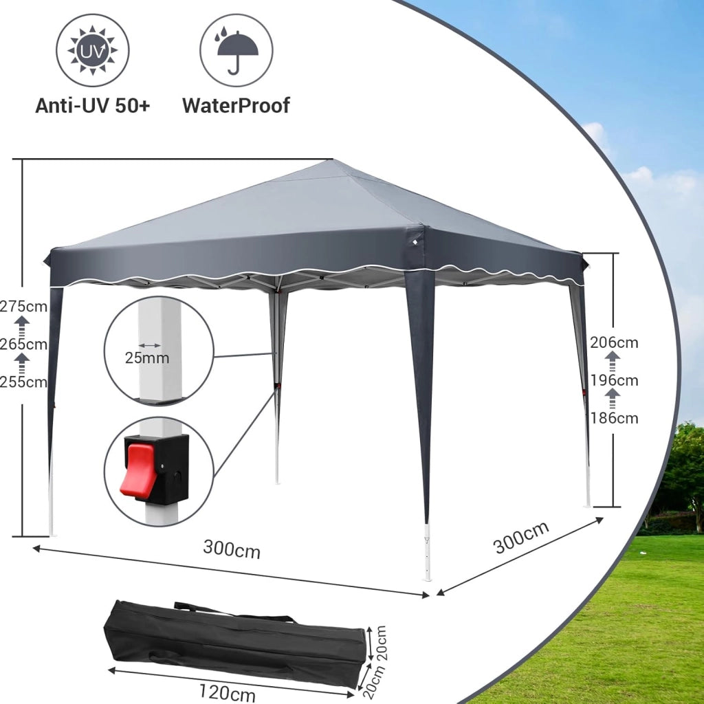 Gazebo Pieghevole 3x3 Impermeabile con 4 PCS Sacchi di Sabbia, UV 50+ 4 Pareti Laterali, Tenda da Campeggio, Giardino, Festival e Feste Grigio