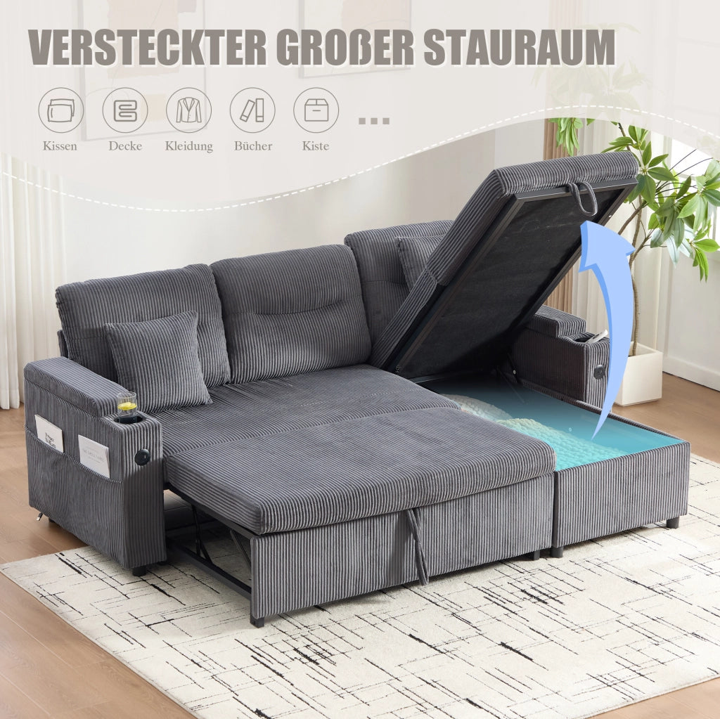 Divano 3 posti componibile con chaise longue e letto estraibile; in corduroy grigio carbon; 212;5 cm