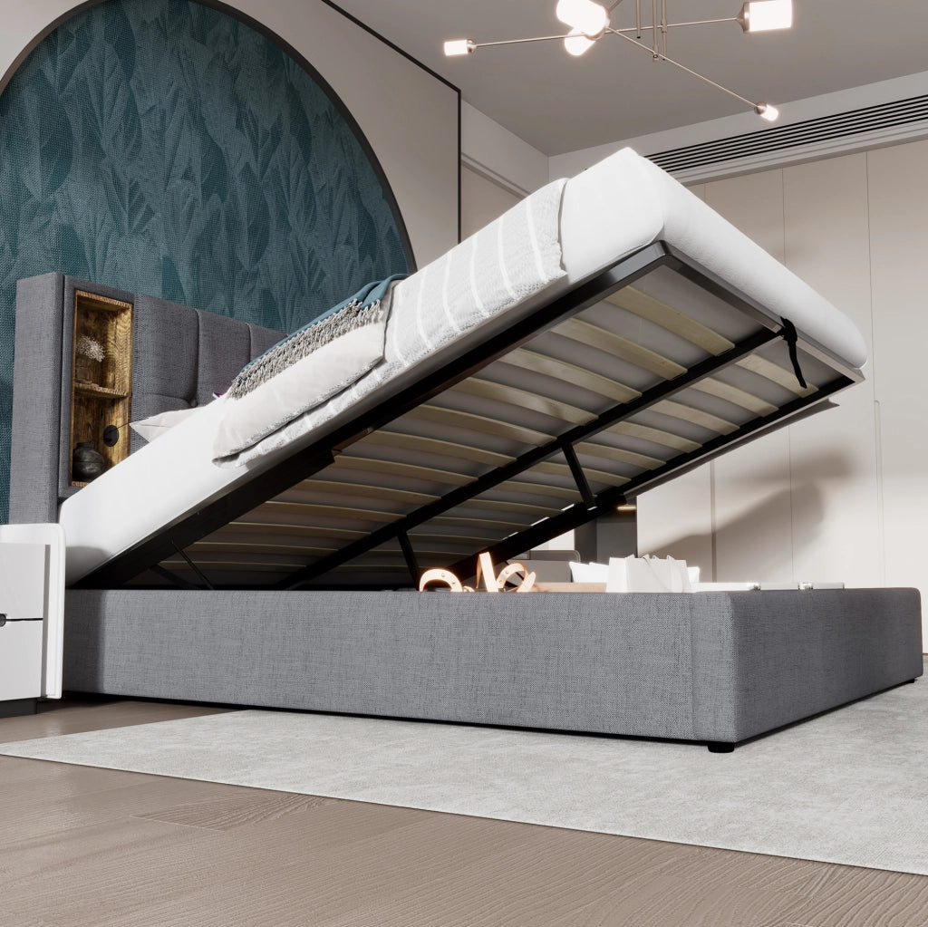 Letto matrimoniale ULEVR 140x200 cm con contenitore, ricarica wireless, 2 USB e Type-C, cotone grigio