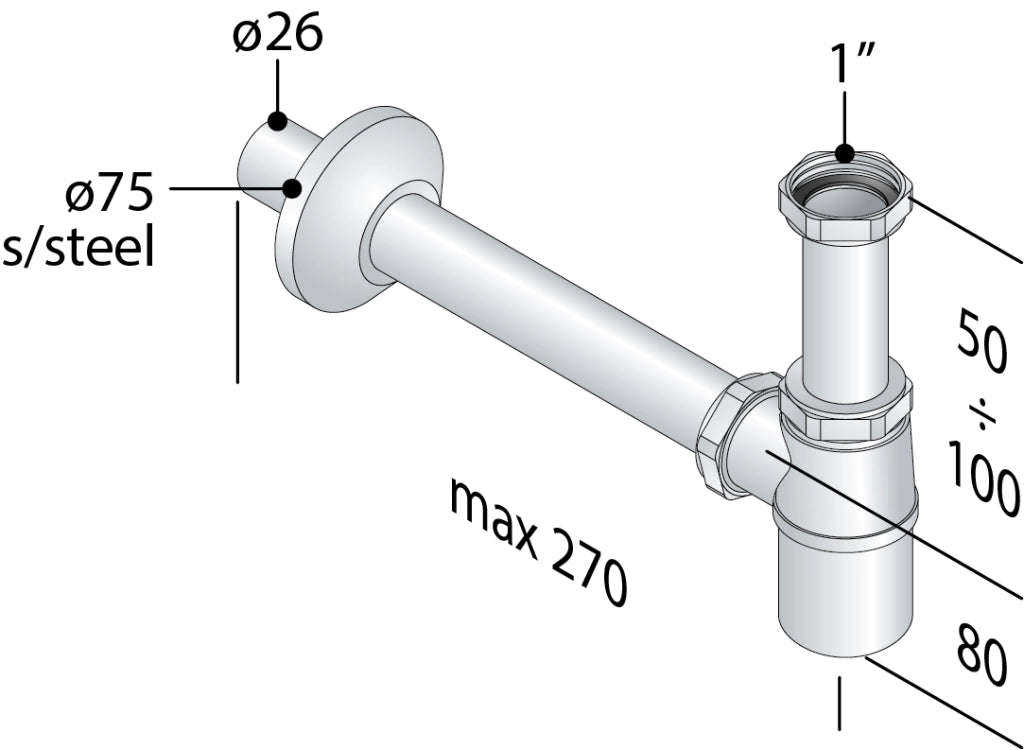 Sifone a bottiglia in ottone cromato senza piletta per lavabo 1?×ø26 TEA
