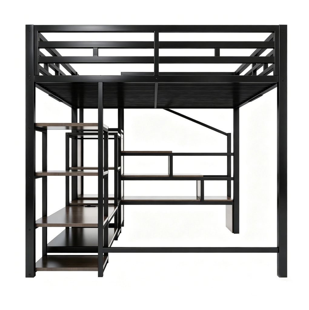 Letto a soppalco 140x200 cm con supporto TV e presa; metallo e MDF nero