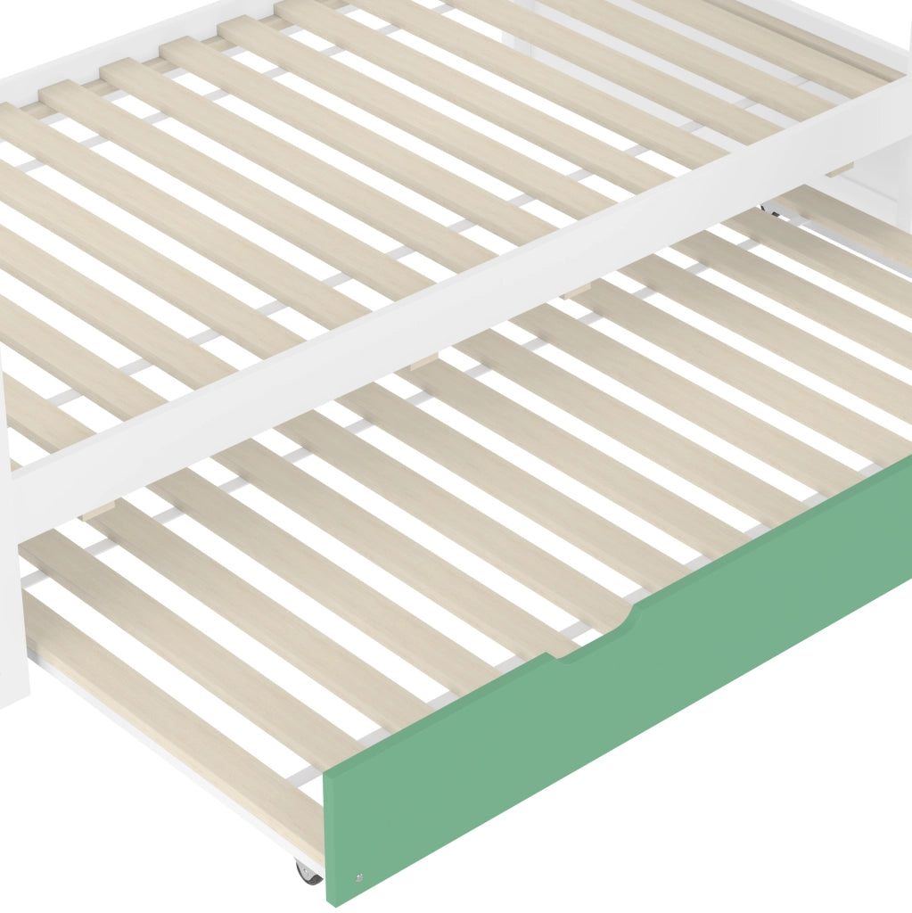 Letto a castello a casetta 90x200 cm con scivolo e letto estraibile; bianco e verde
