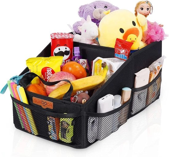 Organizzatore per auto con tavolo per giocattoli, snack, bicchieri, libri e tessuto per la pulizia del naso per bambini