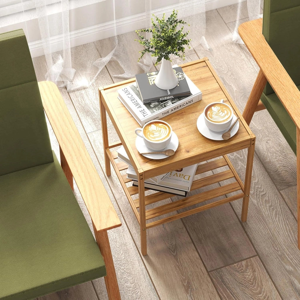 Set 2 Comodini a 2 Livelli 40x40x45cm in Bambù, Tavolino Moderno Camera da Letto, Mobile da Divano e Letto per Soggiorno e Ufficio, Naturale