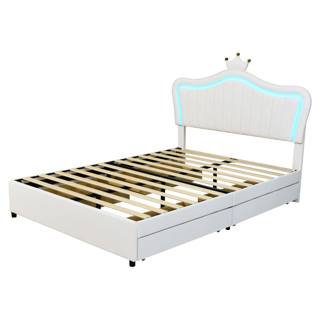 Letto per bambini imbottito 140x200 cm con contenitore; LED e testiera a conchiglia; bianco