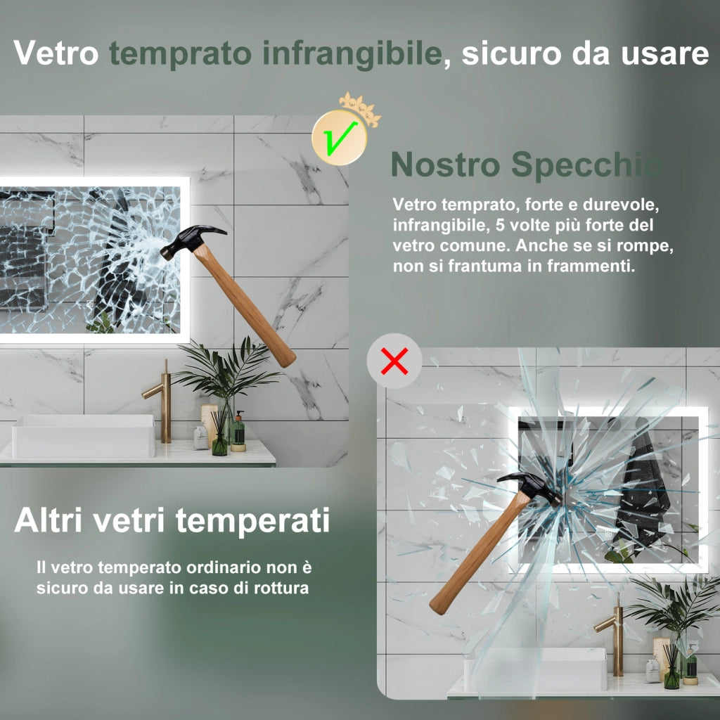 AICA Specchio da bagno  60 x 50 cm, dimmerabile, Funzione Memoria, antiappannamento, 3 colori