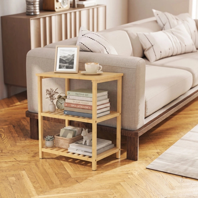 Tavolino basso in bambù a 3 livelli con ripiani a doghe per soggiorno e camera da letto, naturale 40,6 × 30 × 50,5 cm