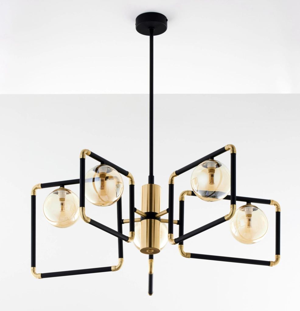 Lampadario moderno nero oro vetro ambra 5xG9 Jupiter