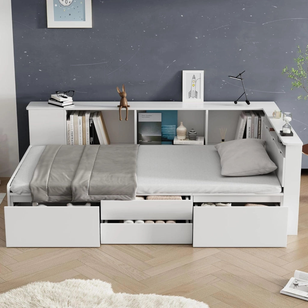 Letto Singolo 90x200 cm con Contenitore Cassetti e Libreria, Letto Multifunzionale per Bambini con Vano Portaoggetti e Rete a Doghe in Legno, Rete con 3 Contenitore, Bianco, Senza Materasso