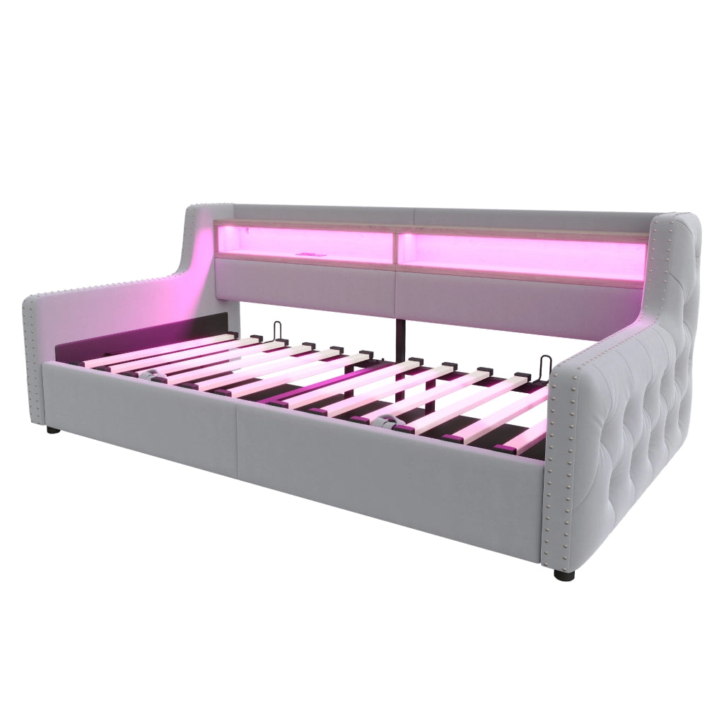 OKWISH Letto Divano 90×200 cm, Letto Singolo con Contenitore, LED, Mensola e Porte USB e Tipo C, senza Materasso, in Velluto, Grigio Chiaro