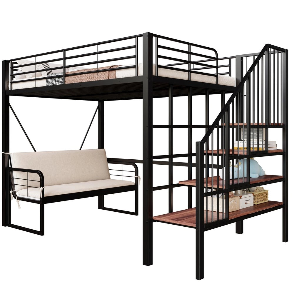 Letto a Castello 140x200 con Divano Estraibile, Contenitore e Scala ¨C Xylo ¨C Nero, Metallo