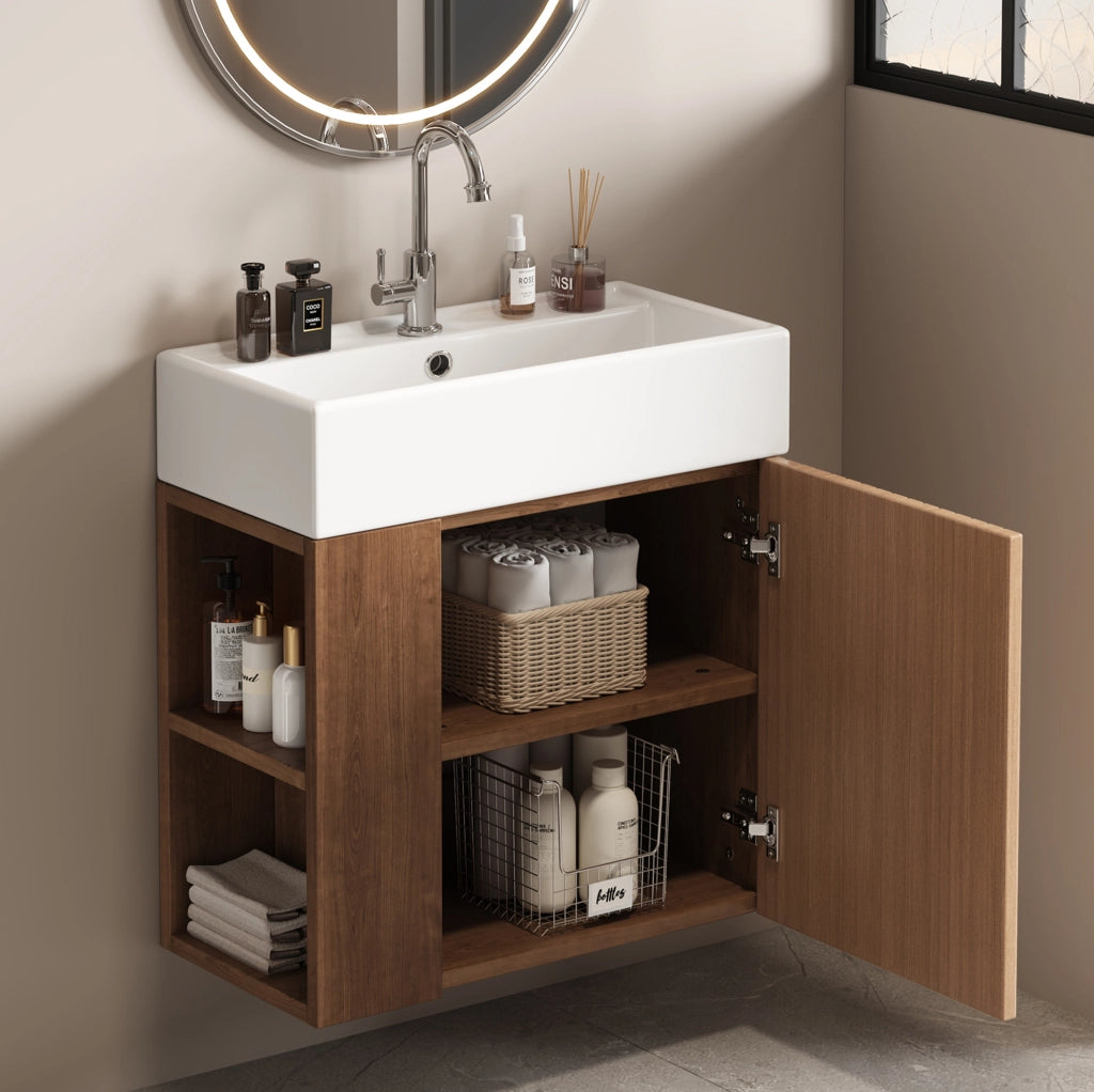 Mobile bagno ULEVR con lavabo in ceramica, vano contenitore e ripiani laterali, marrone