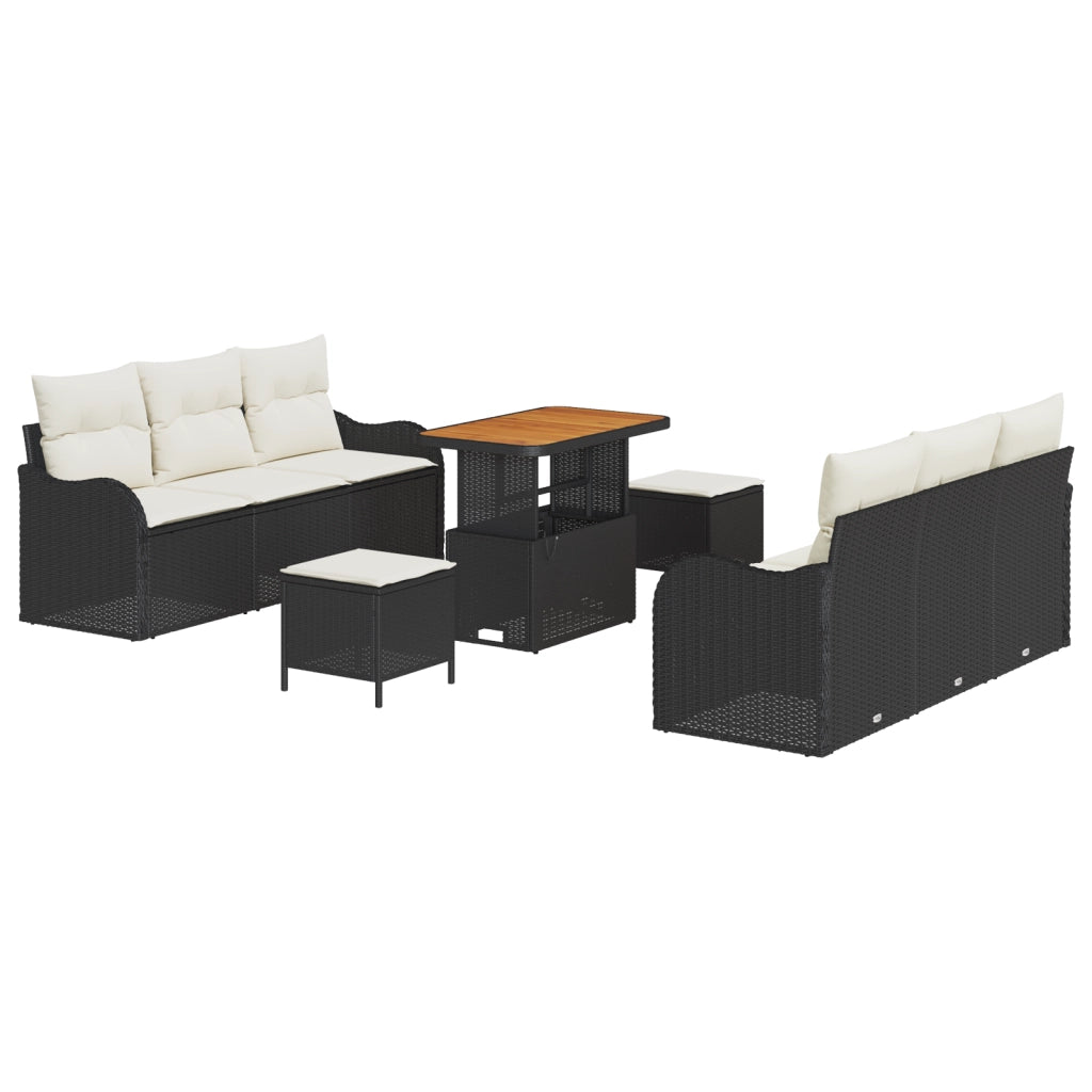 Set di divani da giardino  9 pezzi con cuscini, rattan nero e acacia