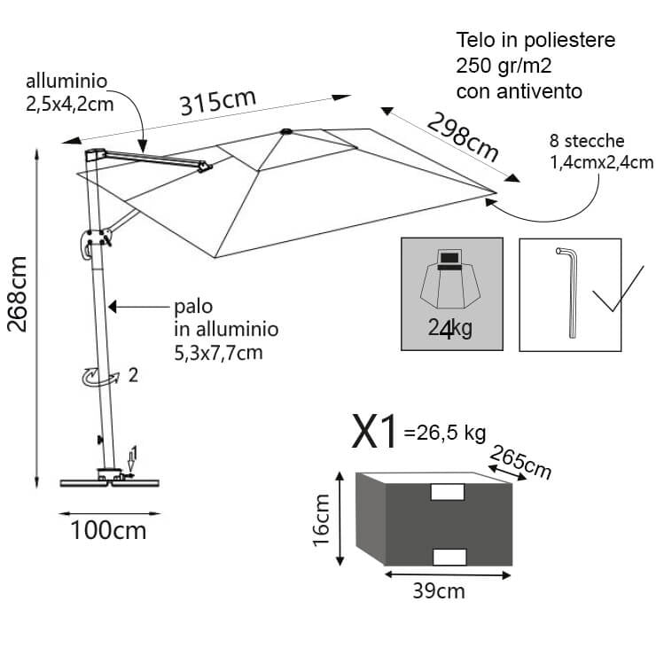 Ombrellone da Giardino decentrato con led 3x4 in alluminio - RENO