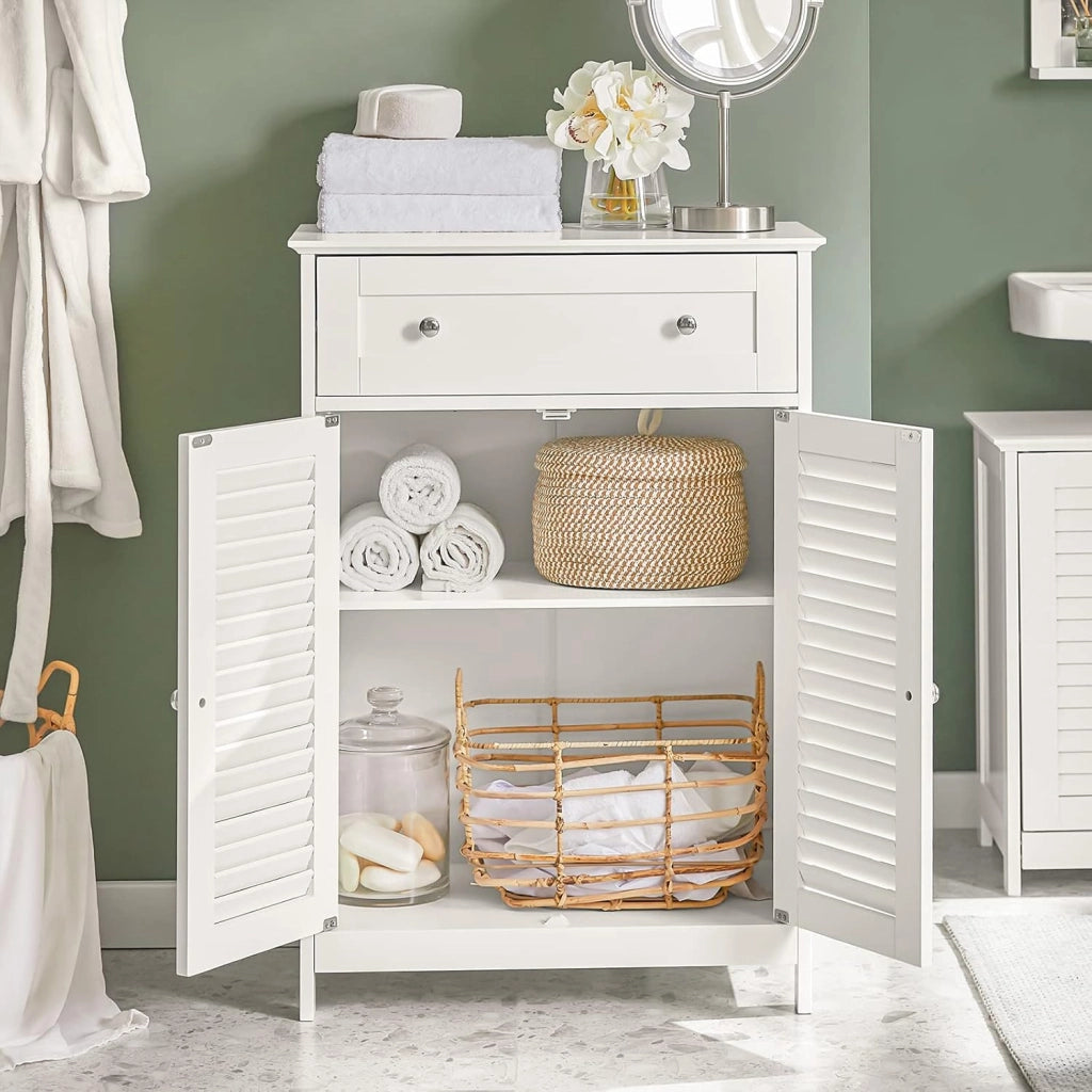 Mobiletto Base per Bagno o Ingresso, con Due Ante e cassetto, in Stile tapparelle,Bianco,FRG238-W,IT