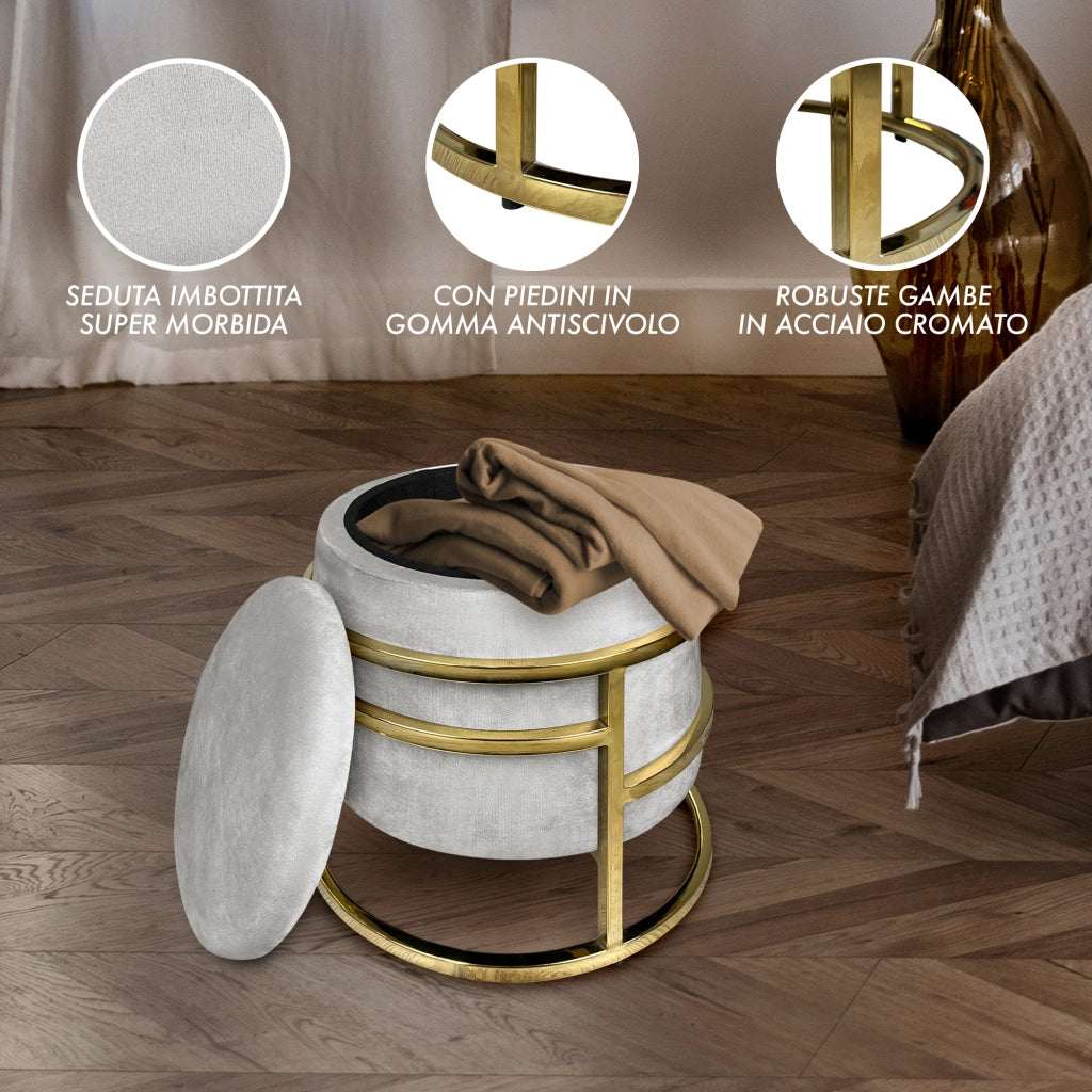 Pouf Contenitore Poggiapiedi Velluto Con Struttura Circolare Cromata Oro Elegante Imbottito Sgabello Per Toeletta Mobile Trucco Ottomano Ingresso Camera Da Letto Rotondo - Grigio chiaro