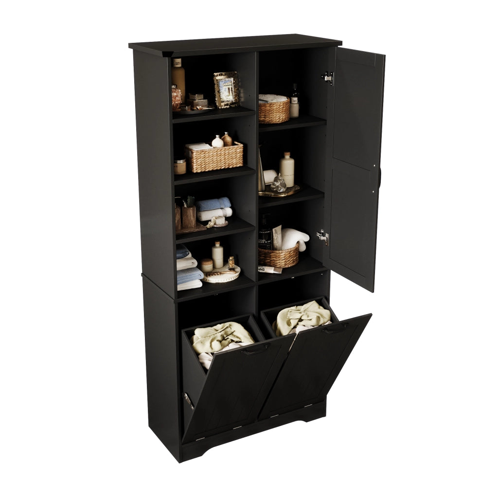 Mobile bagno in MDF 78 x 35 x 172,7 cm, con finitura laccata resistente all¡¯umidit¨¤, 2 cesti portabiancheria, 1 anta e ripiani regolabili, nero