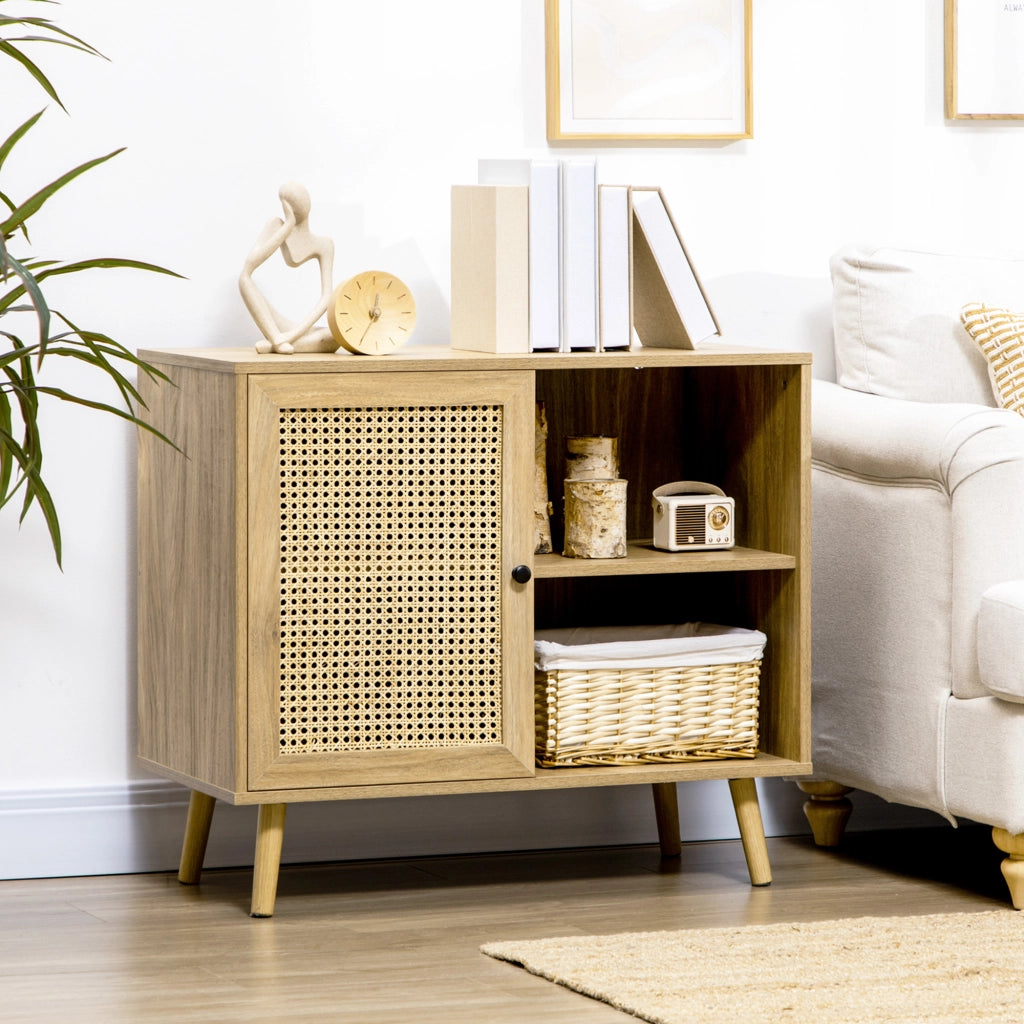 Credenza con cassetti e anta in rattan effetto legno ¨C zephmum ¨C 80x39x70 cm