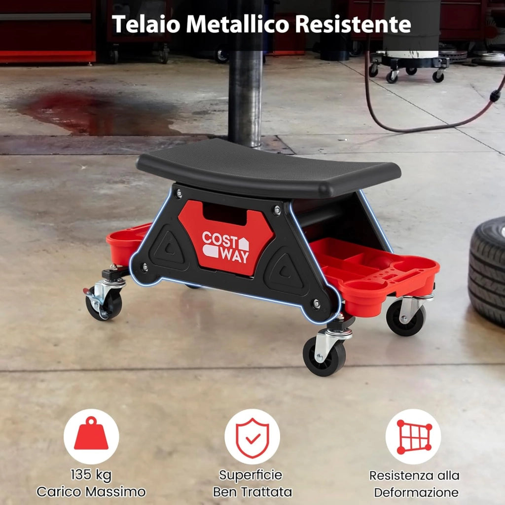 Sgabello da Officina con Ruote, Sedia Meccanico con Cassetto Estraibile e 2 Vassoi Divisori, Capacità di 135 kg, per Riparazione Auto, per Garage e Officina