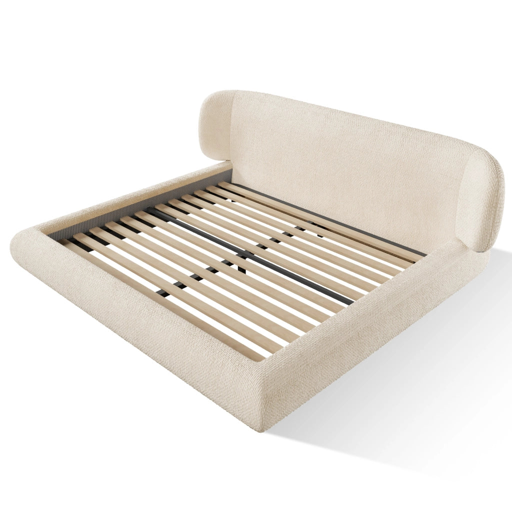 Letto matrimoniale imbottito 140 x 190 cm in ciniglia beige con rete a doghe e testiera