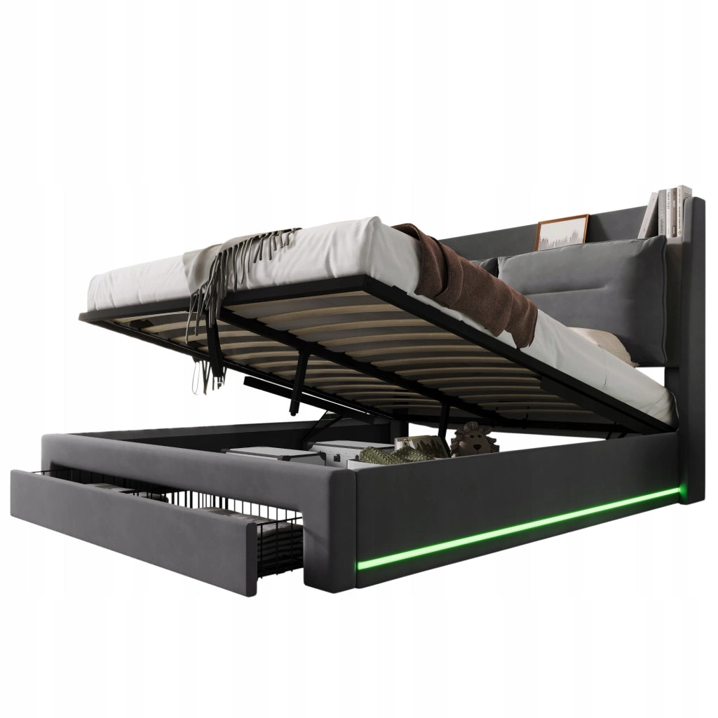 Letto imbottito 160x200 LED - Xylo - Grigio, velluto