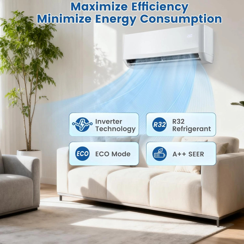 Split Condizionatore 12000 BTU Inverter R32 A++, Climatizzatore Eco, Riscaldamento/Raffreddamento/Deumidificazione, 7 Modalità, 8 Velocità del Ventilatore, Timer 24 Ore, Accessori Inclusi