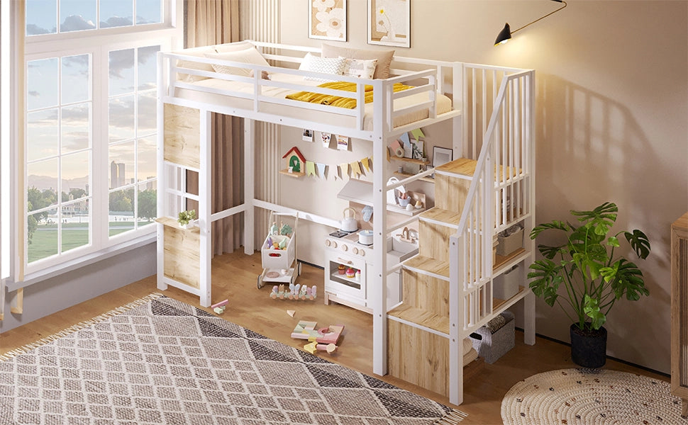 Letto a soppalco 90 × 200 cm con scala contenitore, vano aperto inferiore, barriera di sicurezza, senza materasso, bianco