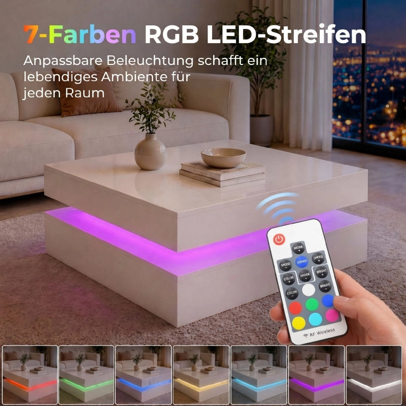 TAVOLINO Caffè LED 78x78 cm Bianco lucido con ripiano aperto