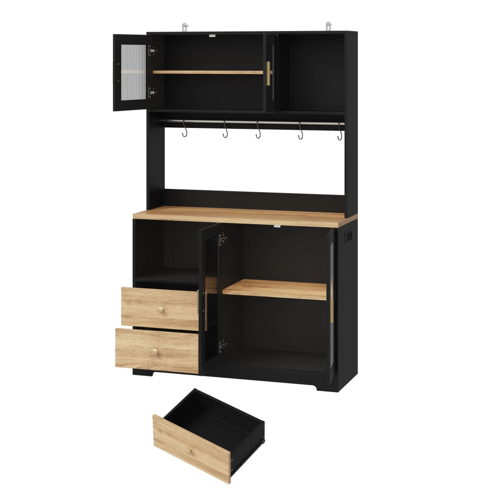 Credenza alta 110x40x178 cm con LED; prese USB e vetrina in MDF nero