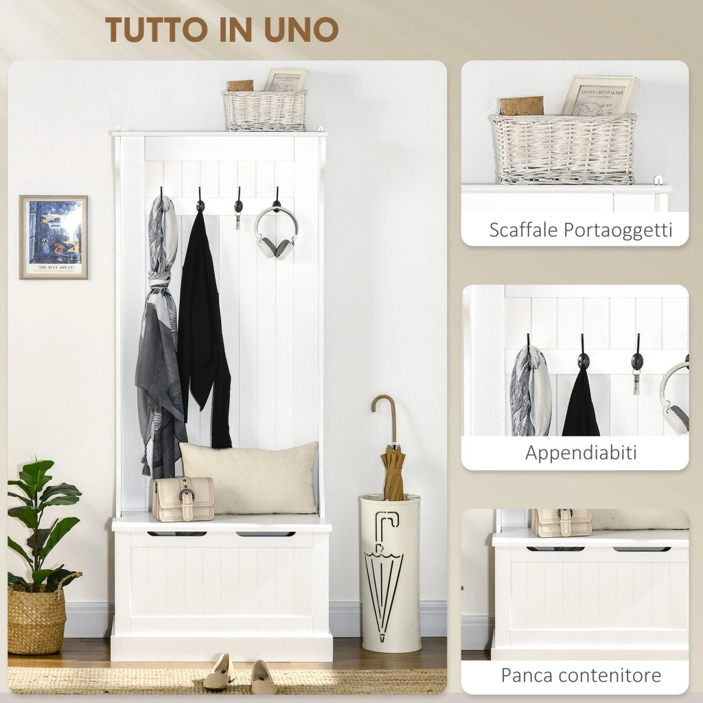 Appendiabiti da Terra Moderno 3 in 1 con 4 Ganci, Panca Contenitore e Attaccapanni, Salvaspazio Mobile da Ingresso, Corridoio, Camera da Letto in Legno, 71.5x39.5x170 cm, Bianco