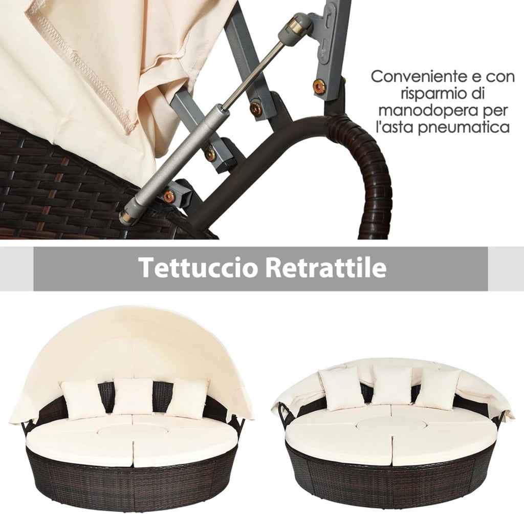 Letto Isola da Giardino, Divano Prendisole con Tettuccio Retrattile, con Sedili Cuscini Impermeabili Sfoderabili, Tavolino Regolabile in Altezza (Beige)
