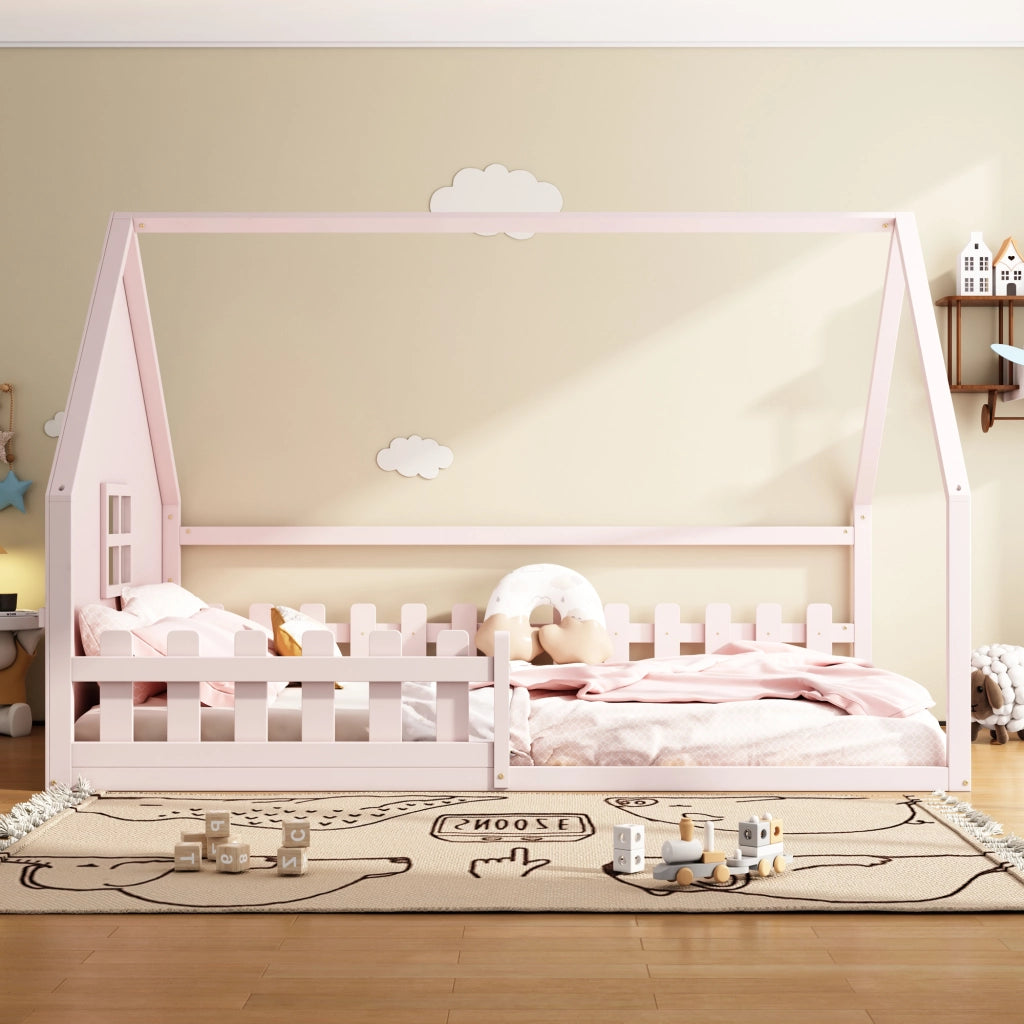 Letto Casetta 140×200 cm; Letto Singolo 2 Posti con Sponda; senza Materasso; in Pino e MDF; Rosa