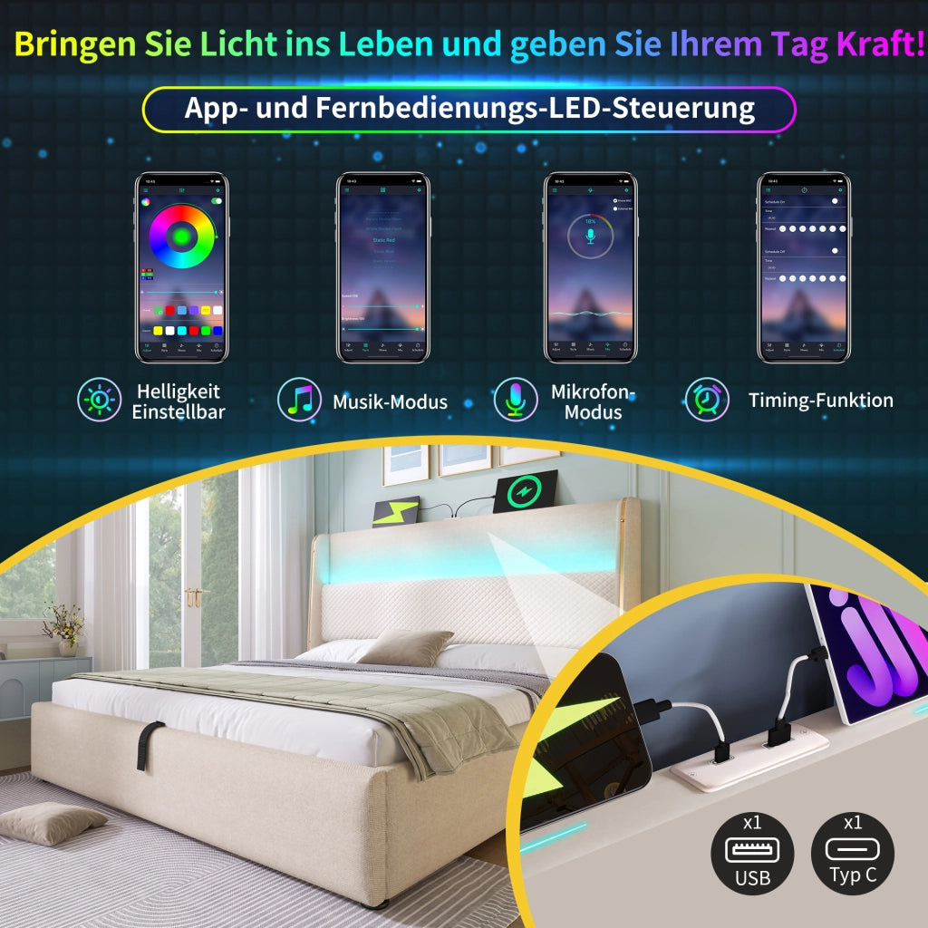 LETTO Contenitore idraulico 90x200 cm con materasso incluso, testiera alta Beige