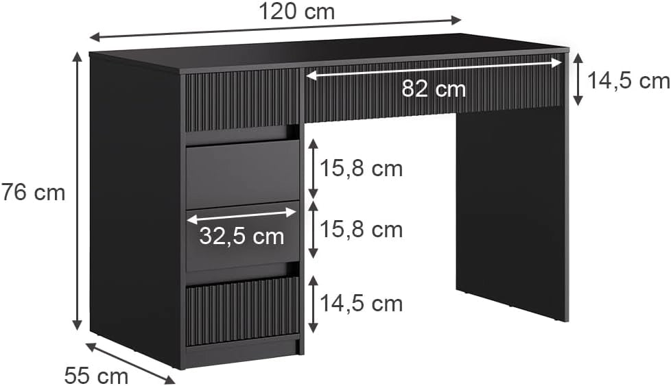 Scrivania Omira, Nero, 120 x 55 cm con 5 cassetti, adatto come postazione di lavoro per home office e studio