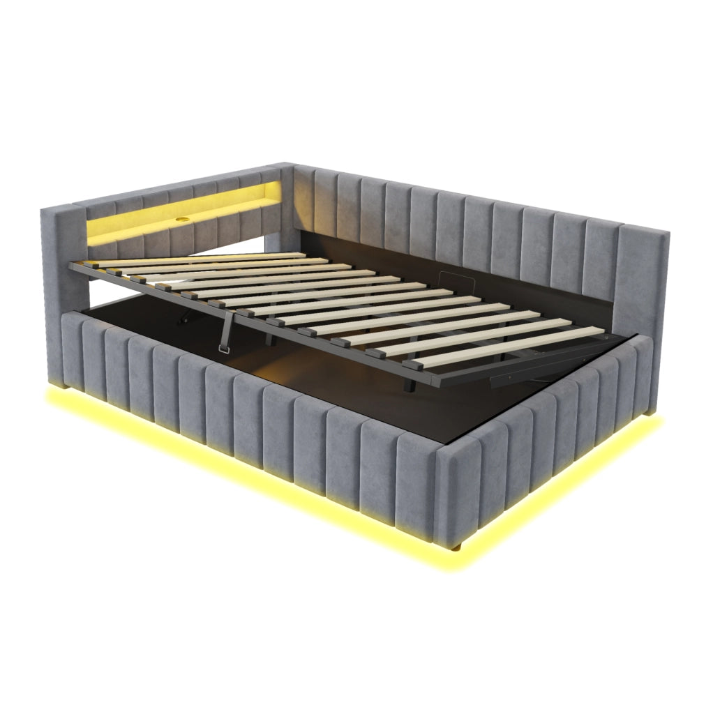 Letto imbottito 140x200 cm; contenitore idraulico con LED e USB; velluto grigio (Senza materasso)