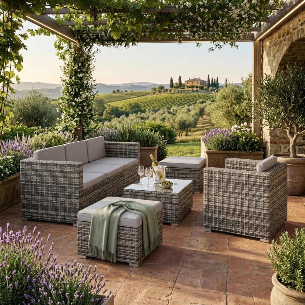 Set Salotto Da Esterno In Polyrattan Modulare Con Cuscini E Tavolino Struttura Personalizzabile Per 4/5 Persone Ideale Per Terrazza Patio Outdoor Grigio