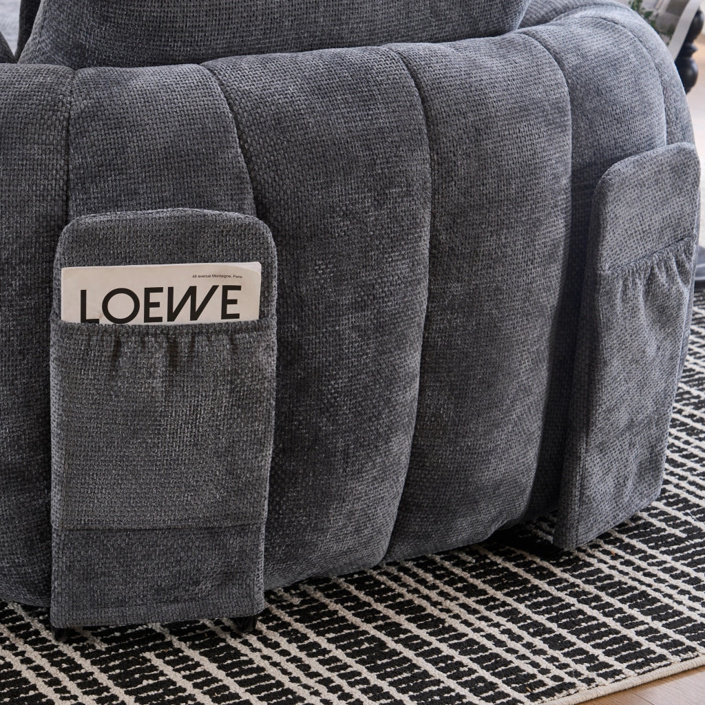 Poltrona chaise longue in ciniglia grigia con seduta profonda e cuscini