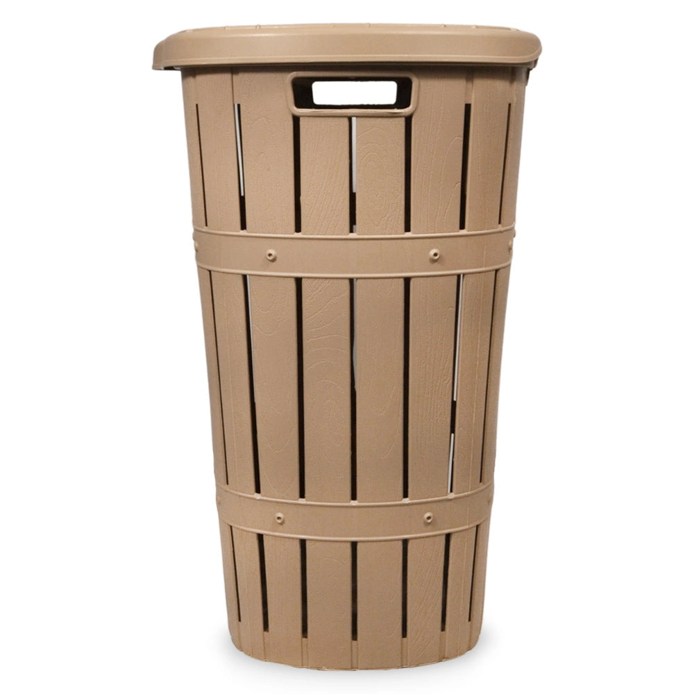 Cestone portabiancheria con coperchio e cesta coordinata effetto legno beige