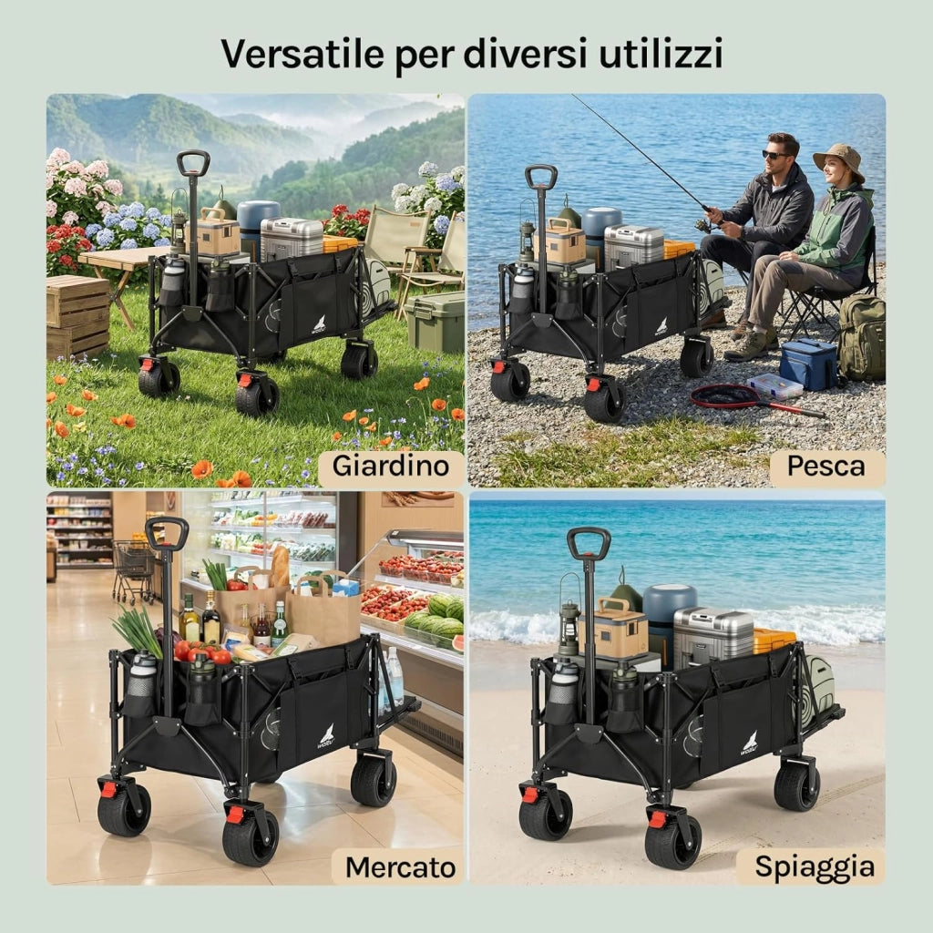 Carrello da Giardino con Ripiano Posteriore Ribaltabile, 205 L, Portata 180 kg, Carrello Pieghevole con 4 Ruote Grandi, Borsa Laterale, 2 Tasche Interne e 2 Portabicchieri, per Campeggio, Nero