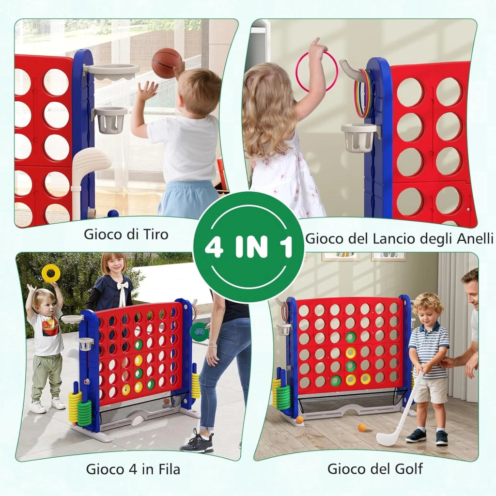 4 in 1 Forza 4 Gigante, Set di Gioco 4 in Fila con Lancio degli Anelli, Canestro da Basket, Palla, Mazza da Golf, Porta Bicchieri, Borsa e Tasca a Rete, Forza 4 Regolabile in Altezza (Rosso)