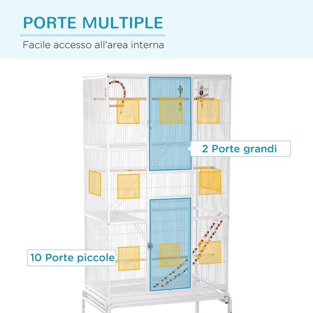 GABBIA PER UCCELLI IN ACCIAIO E PP CON POSATOI, GIOCHI, CONTENITORI PER CIBO E VASSOIO, 83X53X180 CM, BIANCO