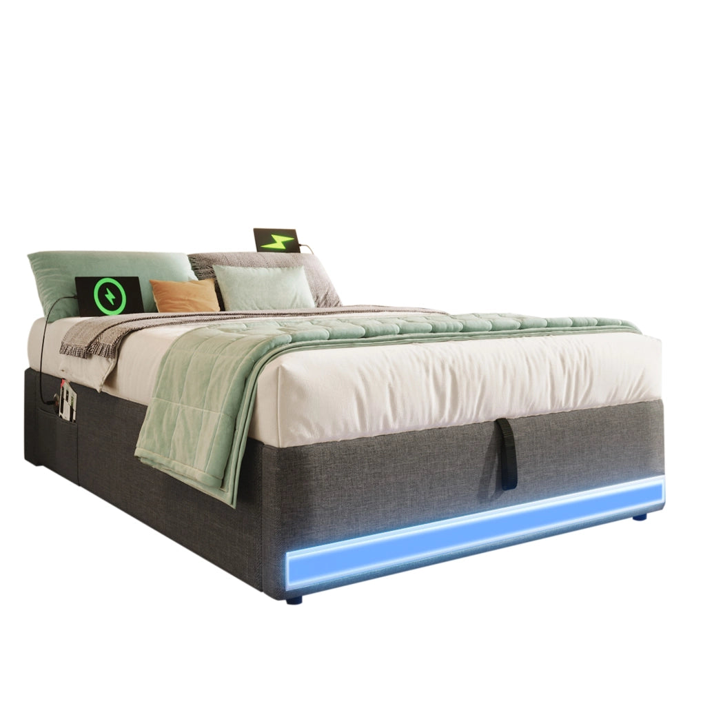 Letto imbottito 90x200 cm senza testiera in lino grigio con LED; USB e porta Type-C; contenitore idraulico