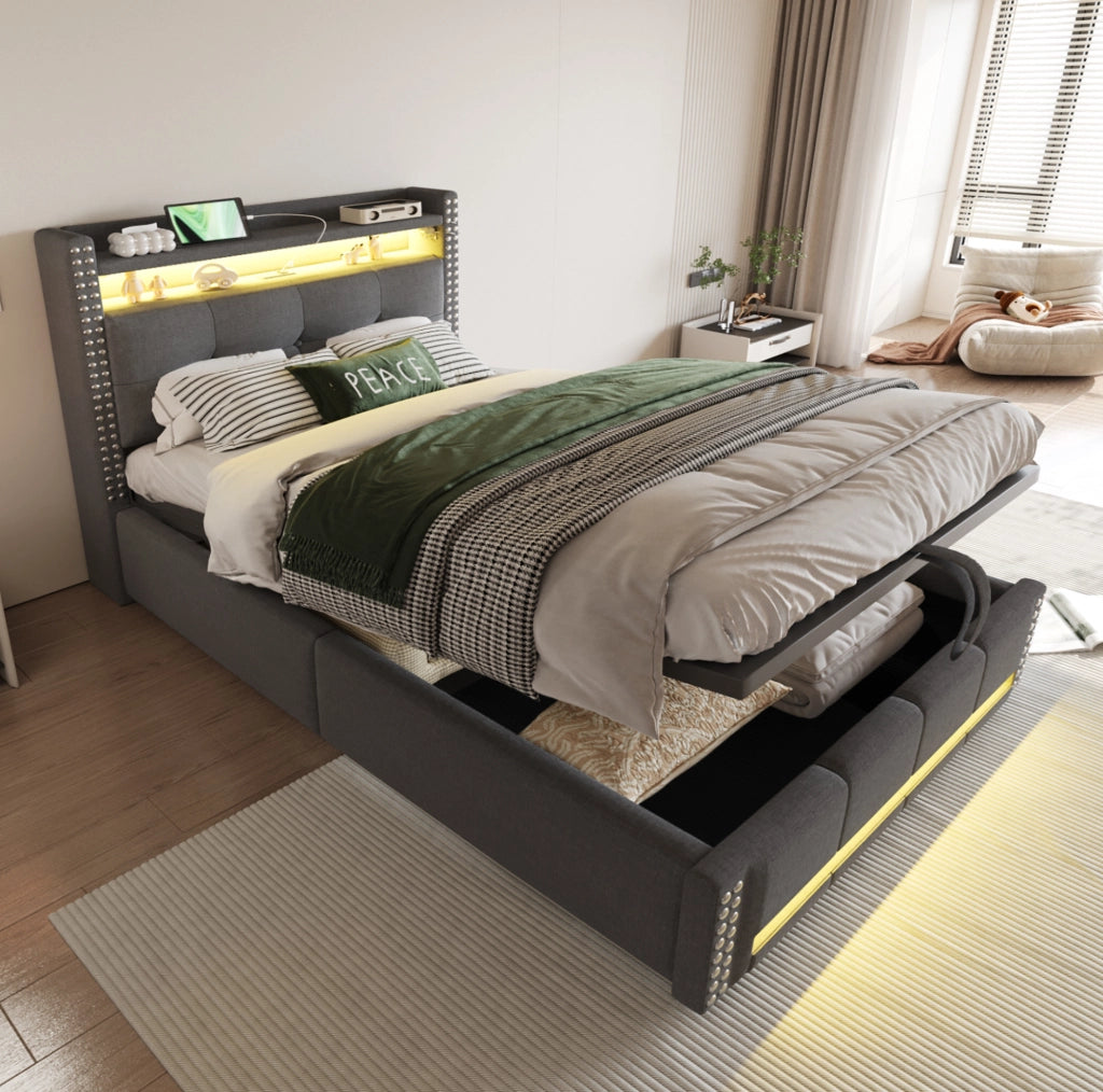 Letto singolo imbottito 90x200 grigio con LED, USB e vano contenitore