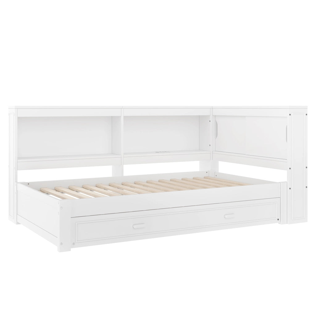 Letto estraibile singolo 90×200 cm con LED; presa; USB; Type-C e ripiani; senza materasso; bianco