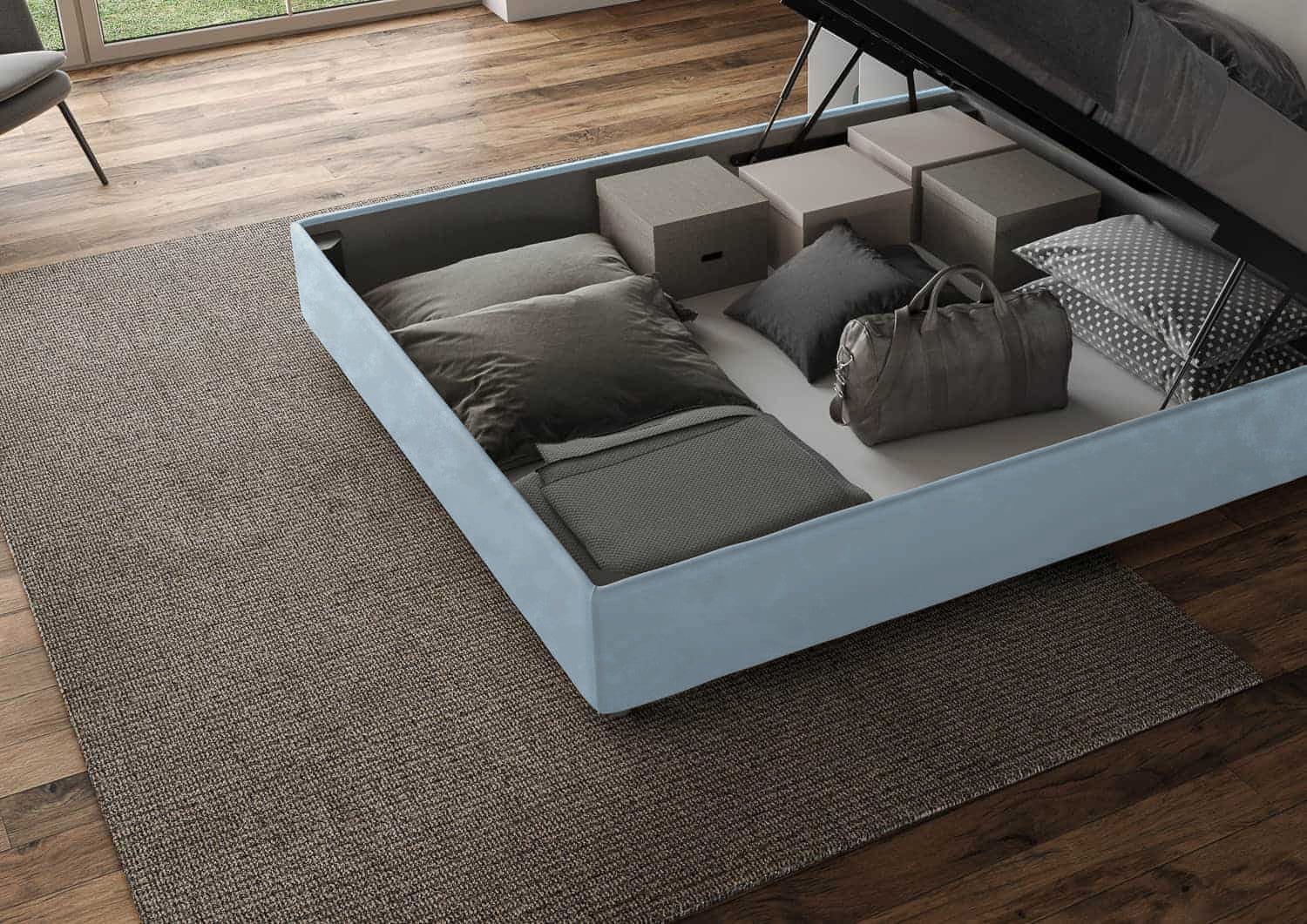 Letto Matrimoniale King Size 200x200 cm con Rete Imbottito in Microfibra Mika Azzurro