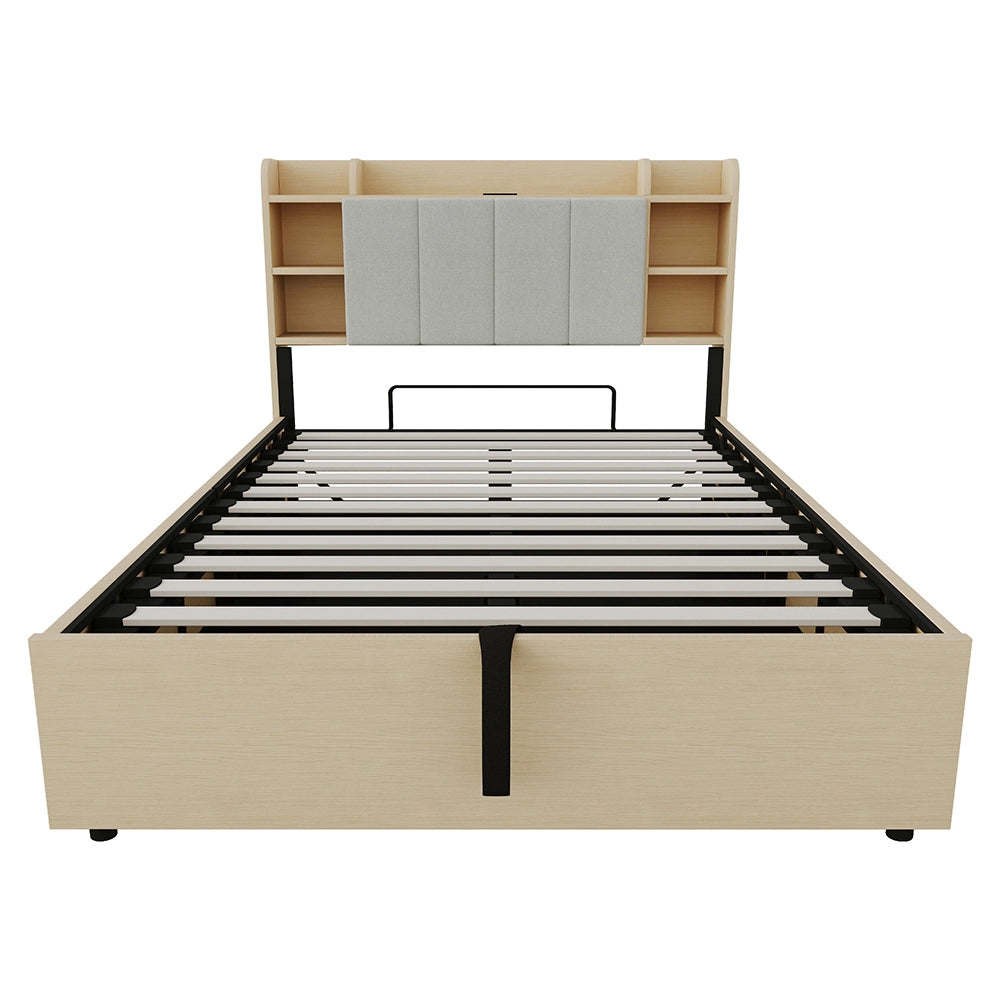 Letto-Xylo-140x200 cm-idraulico, USB-C, testiera con ripiano, legno naturale