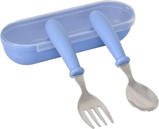 Set di cucchiaio e cucchiaio per bambini in acciaio inossidabile a 2 pezzi, composto da 1 cucchiaio e 1 cucchiaio, manico rotondo, con scatola di conservazione, adatto per bambini, neonati, famiglie e scuole (blu).