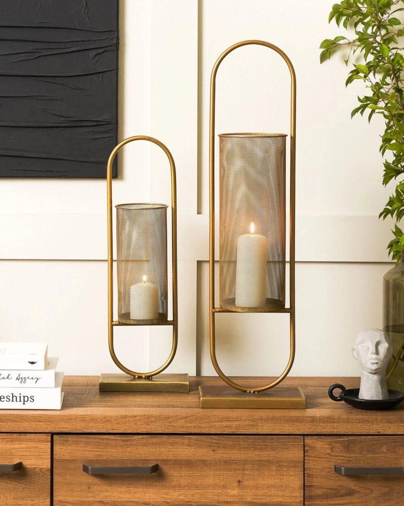 Portacandele moderno in metallo dorato 53 cm ideale per interni ed esterni